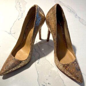 SCHUTZ Sz 7B Gold Specs Pointy Toe Pumps Heels